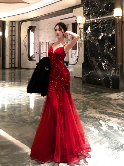 Evening Dress Spaghetti Strap Red Sequin Mermaid Gown with Deep V-Neck Crisscross Back Tie and Tulle Train