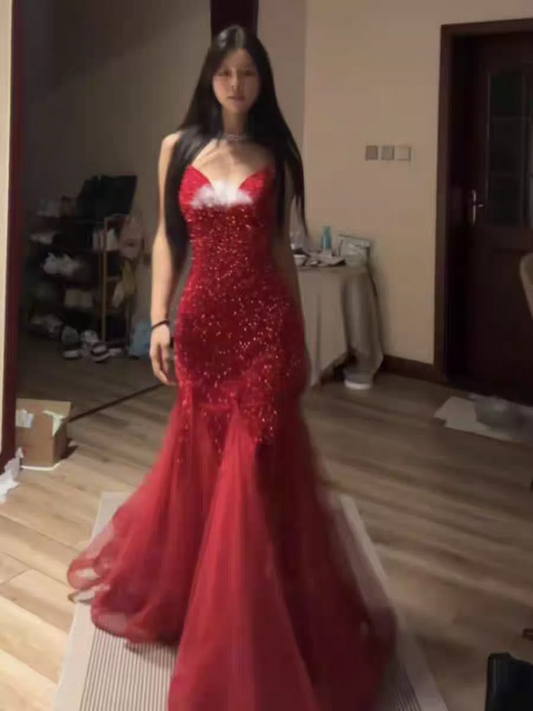 Evening Dress Spaghetti Strap Red Sequin Mermaid Gown with Deep V-Neck Crisscross Back Tie and Tulle Train