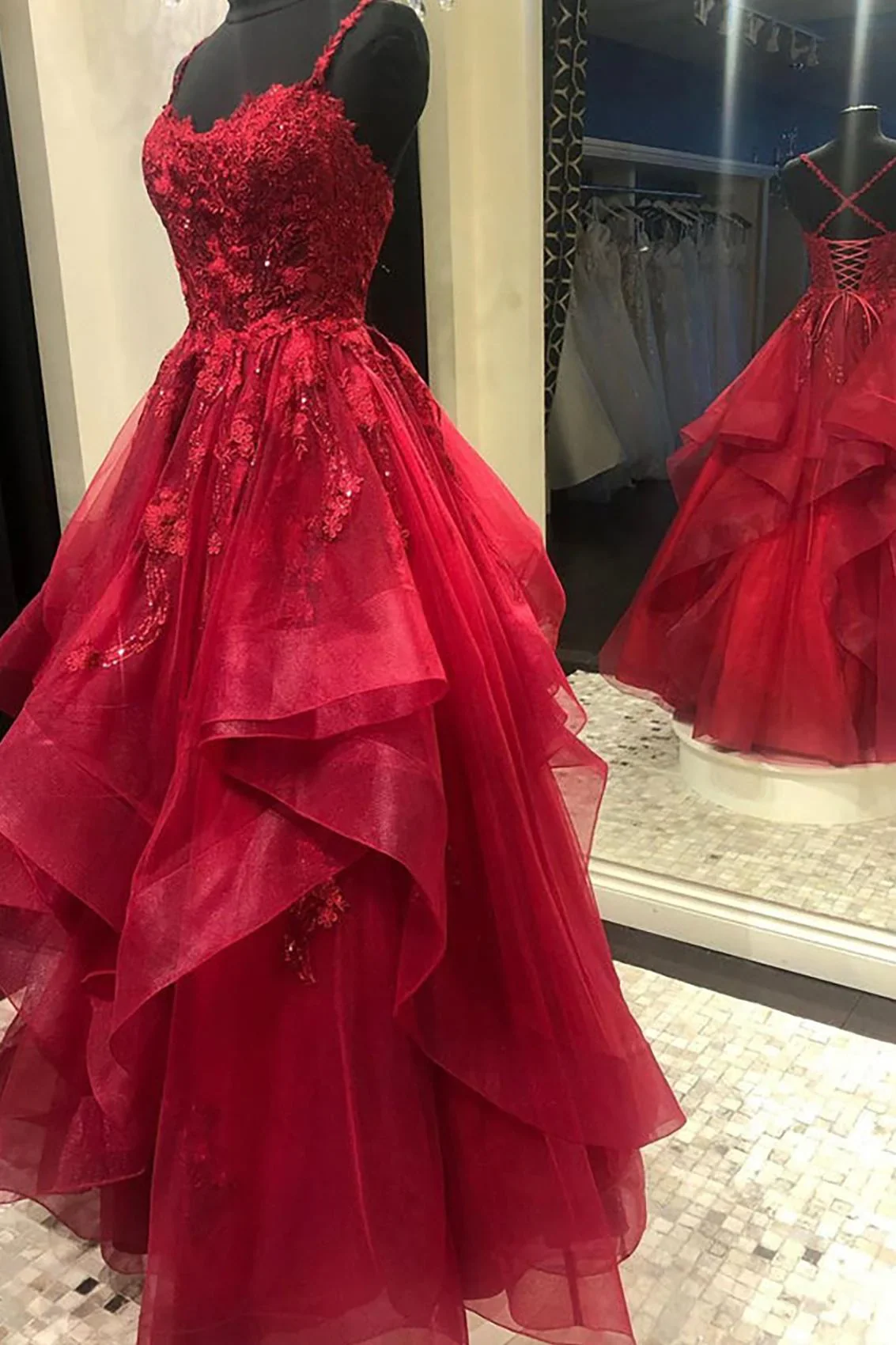 Evening Dress Spaghetti Strap Red Tulle Ball Gown with Beaded Lace Bodice and Tiered Ruffle Skirt
