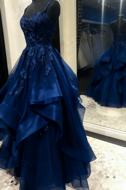 Evening Dress Spaghetti Strap Red Tulle Ball Gown with Beaded Lace Bodice and Tiered Ruffle Skirt