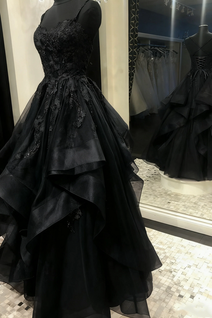 Evening Dress Spaghetti Strap Red Tulle Ball Gown with Beaded Lace Bodice and Tiered Ruffle Skirt
