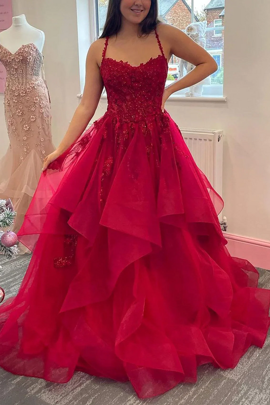 Evening Dress Spaghetti Strap Red Tulle Ball Gown with Beaded Lace Bodice and Tiered Ruffle Skirt