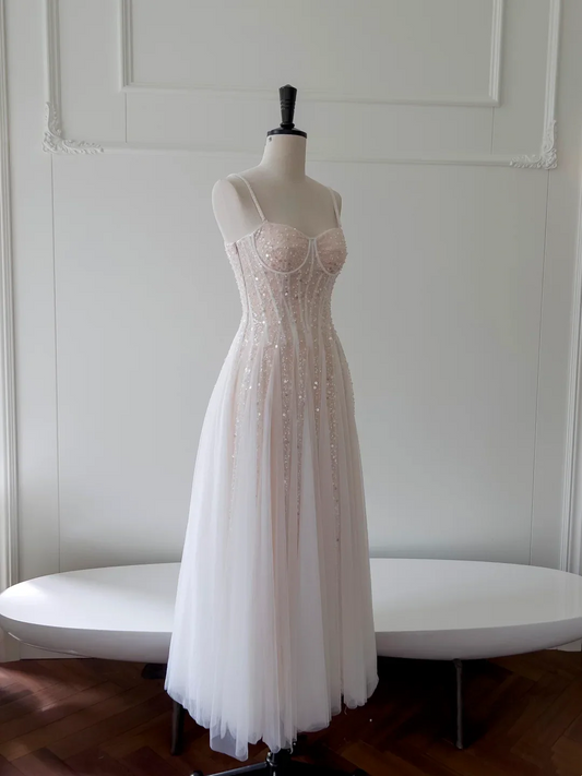 Evening Dress Spaghetti Strap Sweetheart Neckline Midi Gown with Corset Bodice and Sequin Tulle Overlay