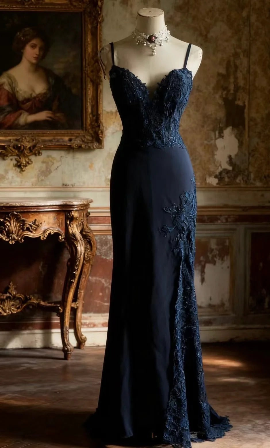 Evening Dress Spaghetti Strap V-Neck Mermaid Gown with Lace Bodice and Backless Design