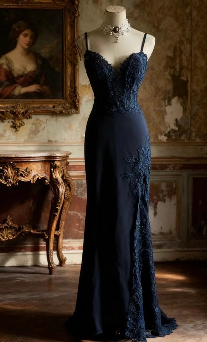 Evening Dress Spaghetti Strap V-Neck Mermaid Gown with Lace Bodice and Backless Design