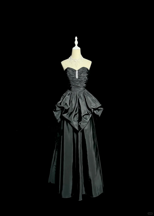 Evening Dress Strapless Black Satin Gown with Ruched Bodice, Crystal Accent and Dramatic Peplum Skirt