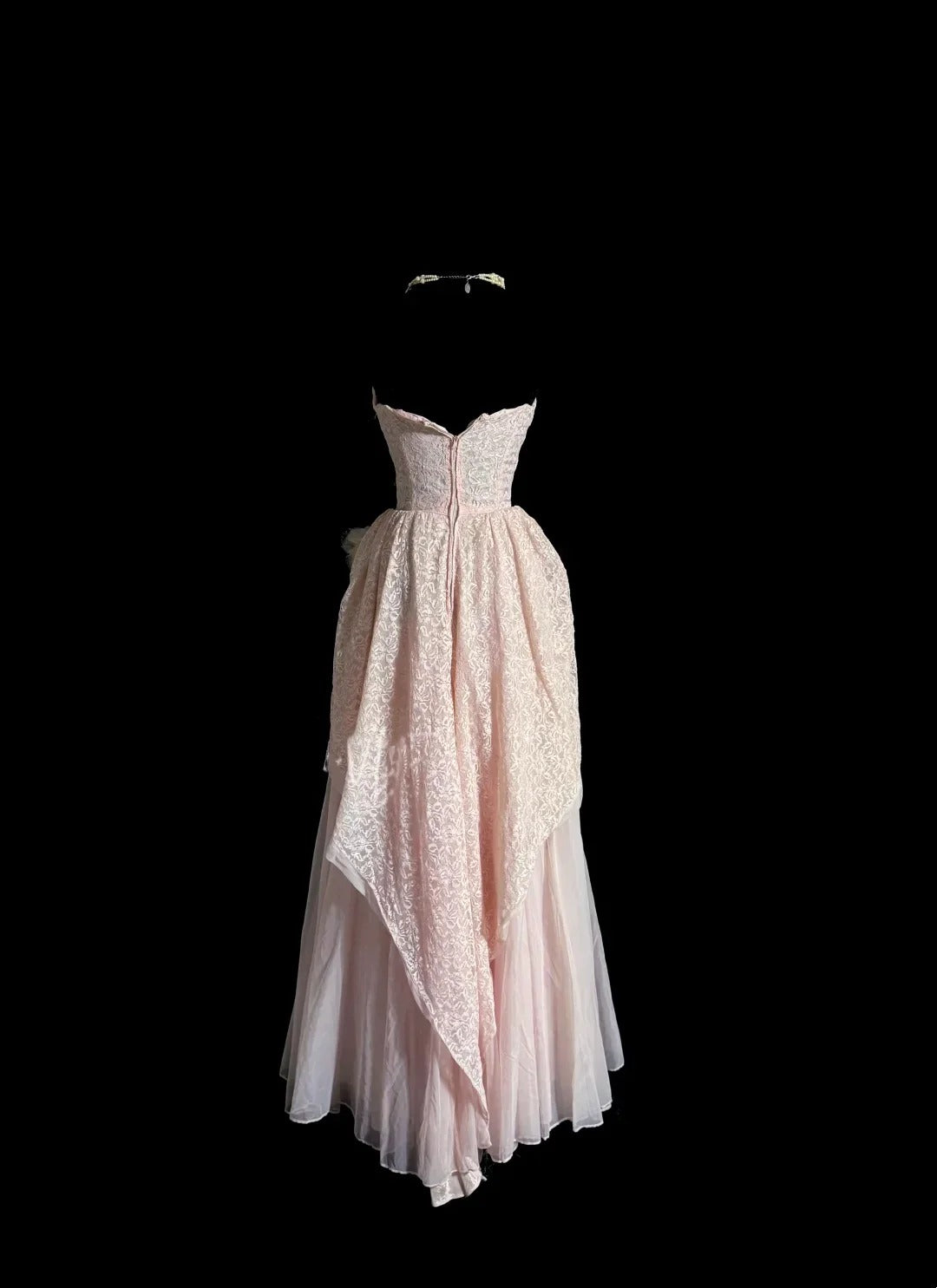 Evening Dress Strapless Blush Pink Lace and Chiffon Maxi Gown with Bow Accent and Asymmetrical Hem