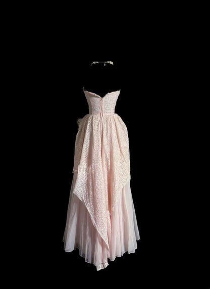 Evening Dress Strapless Blush Pink Lace and Chiffon Maxi Gown with Bow Accent and Asymmetrical Hem