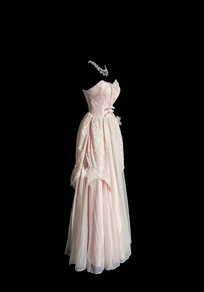 Evening Dress Strapless Blush Pink Lace and Chiffon Maxi Gown with Bow Accent and Asymmetrical Hem