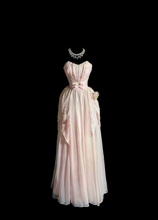 Evening Dress Strapless Blush Pink Lace and Chiffon Maxi Gown with Bow Accent and Asymmetrical Hem
