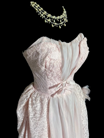Evening Dress Strapless Blush Pink Lace and Chiffon Maxi Gown with Bow Accent and Asymmetrical Hem