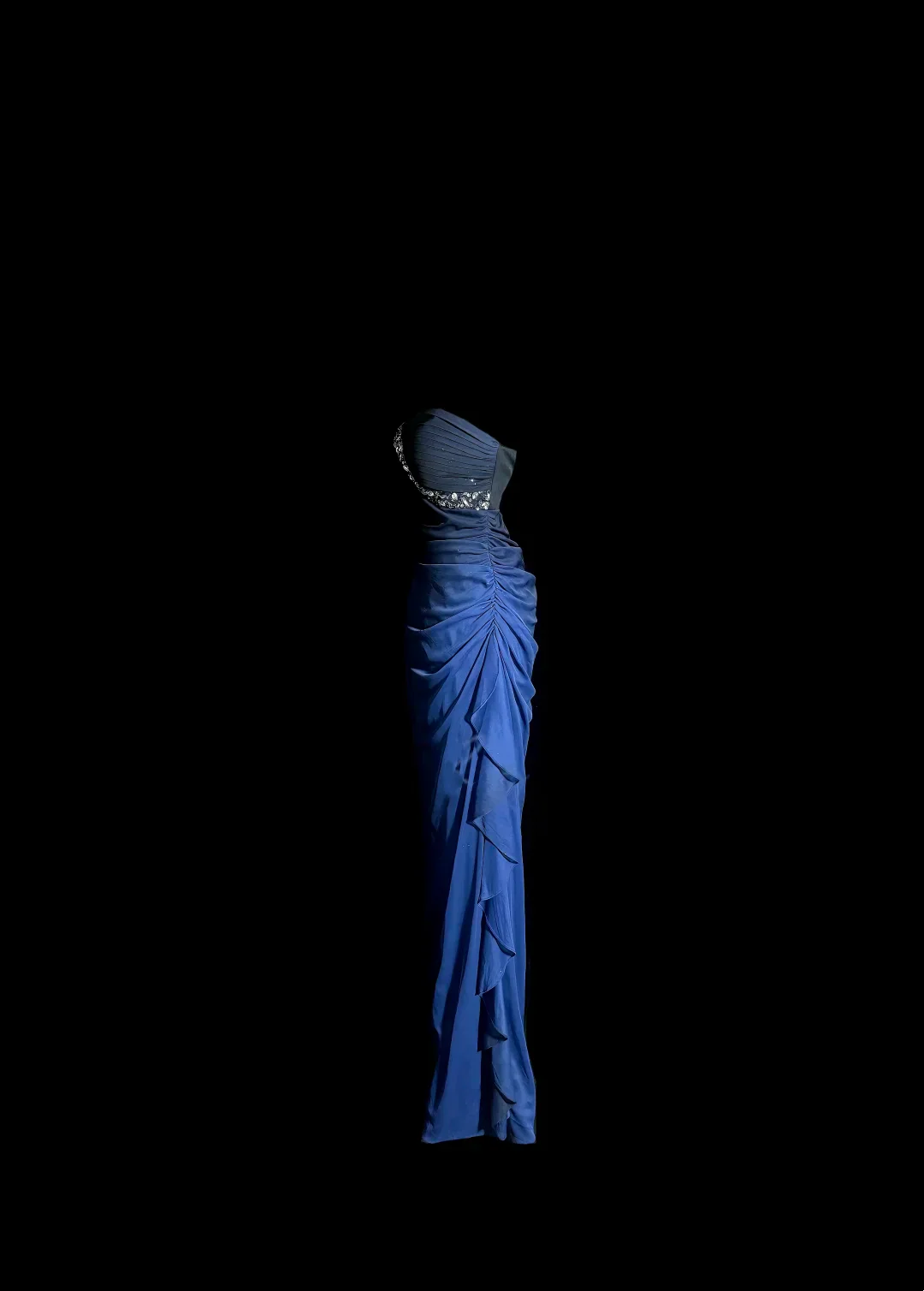 Evening Dress Strapless Navy Blue Chiffon Gown with Beaded Sweetheart Neckline Ruched Side and Ruffle Slit