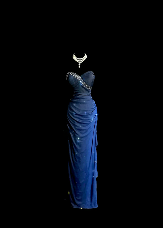 Evening Dress Strapless Navy Blue Chiffon Gown with Beaded Sweetheart Neckline Ruched Side and Ruffle Slit