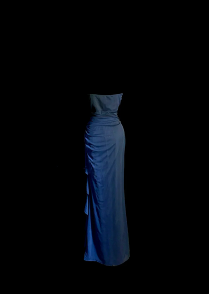 Evening Dress Strapless Navy Blue Chiffon Gown with Beaded Sweetheart Neckline Ruched Side and Ruffle Slit