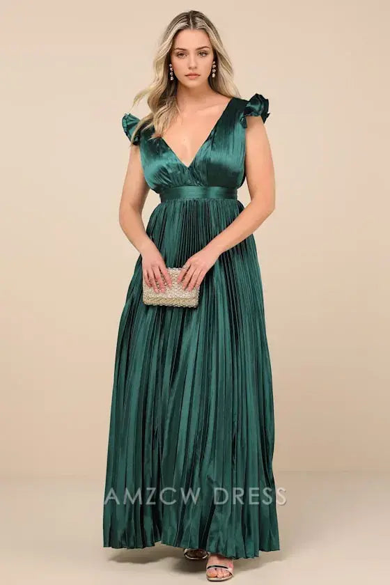 Vestido largo plisado con cordones y satén esmeralda, elegante y excepcional, de Amzcw. 