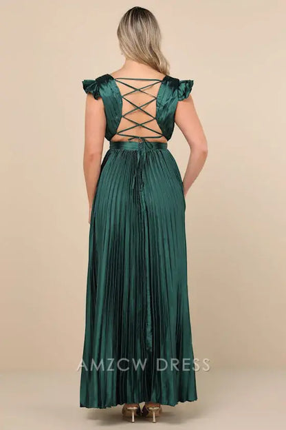 Vestido largo plisado con cordones y satén esmeralda, elegante y excepcional, de Amzcw. 