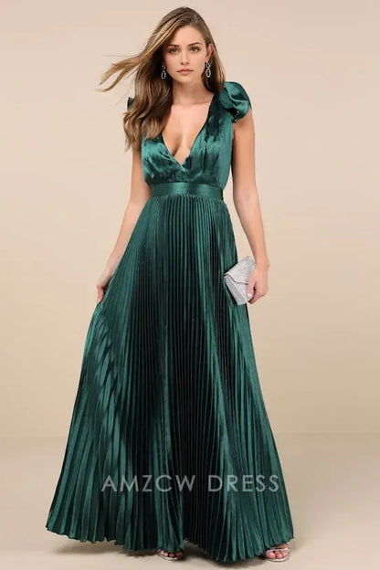Vestido largo plisado con cordones y satén esmeralda, elegante y excepcional, de Amzcw. 