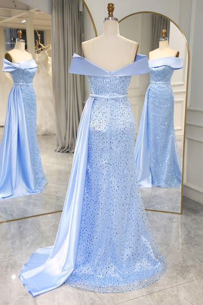 Amzcw Sparkly Light Blue Long Sequin Strapless Prom Dress With Slit prom dresses with long sleeves
