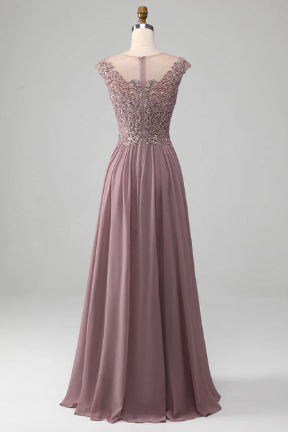 Amzcw Blush A-Line Round Neck Pleated Sparkly Sequin Prom Dress With Beading prom clothing