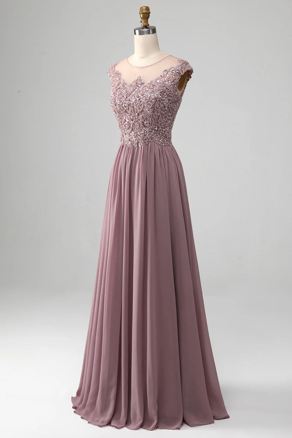 Amzcw Blush A-Line Round Neck Pleated Sparkly Sequin Prom Dress With Beading prom clothing