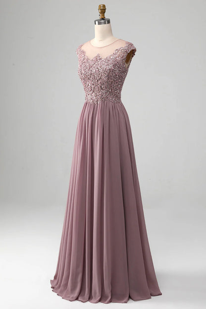 Amzcw Blush A-Line Round Neck Pleated Sparkly Sequin Prom Dress With Beading prom clothing