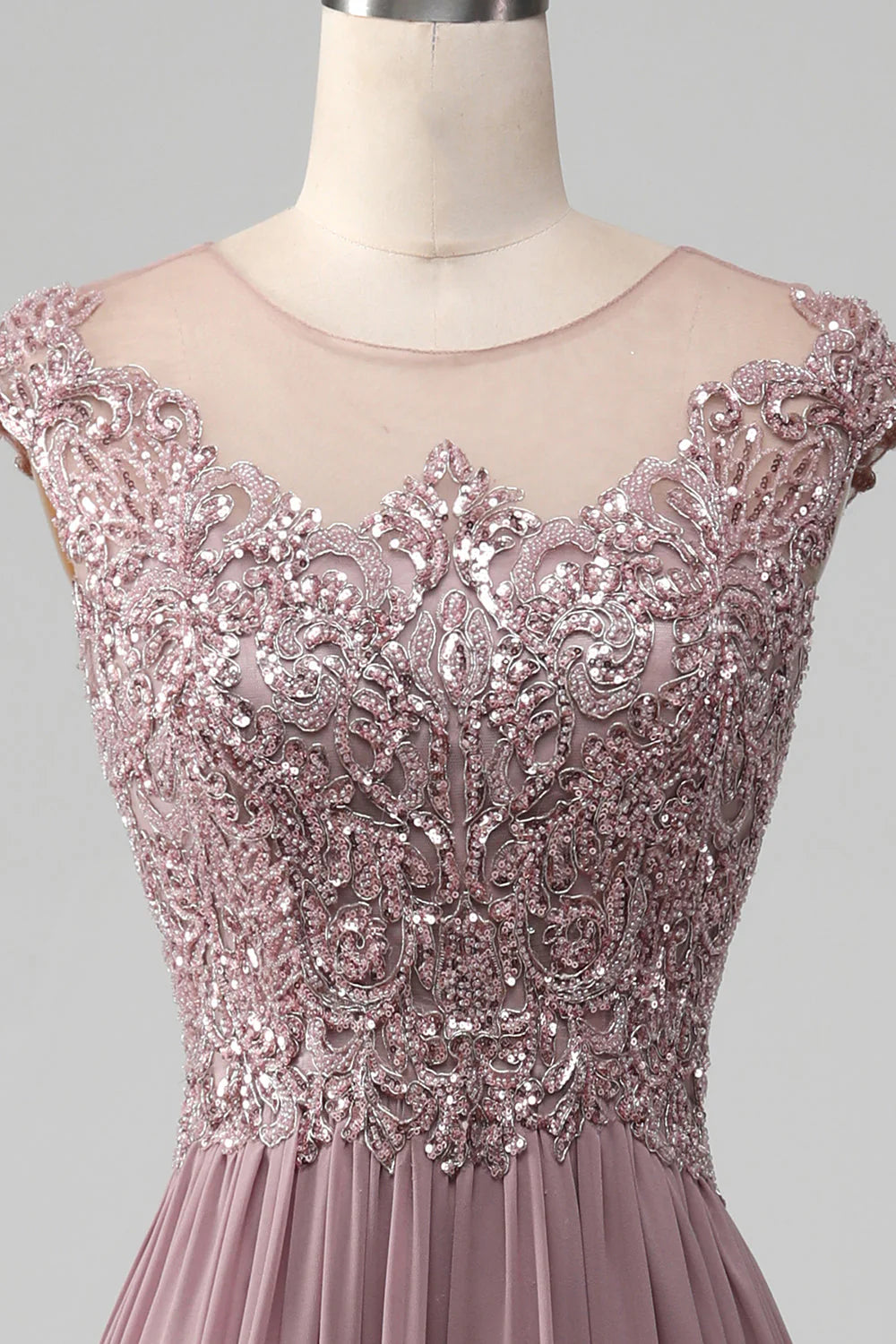 Amzcw Blush A-Line Round Neck Pleated Sparkly Sequin Prom Dress With Beading prom clothing