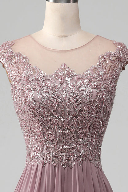 Amzcw Blush A-Line Round Neck Pleated Sparkly Sequin Prom Dress With Beading prom clothing