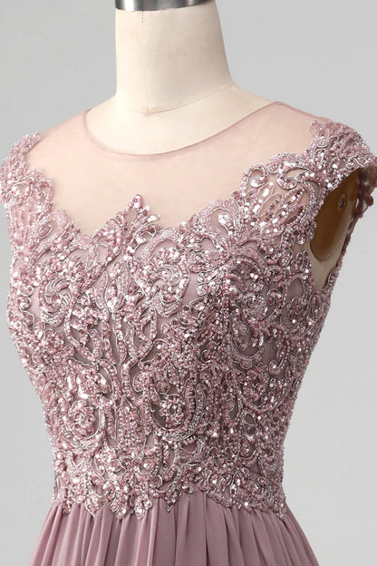 Amzcw Blush A-Line Round Neck Pleated Sparkly Sequin Prom Dress With Beading prom clothing