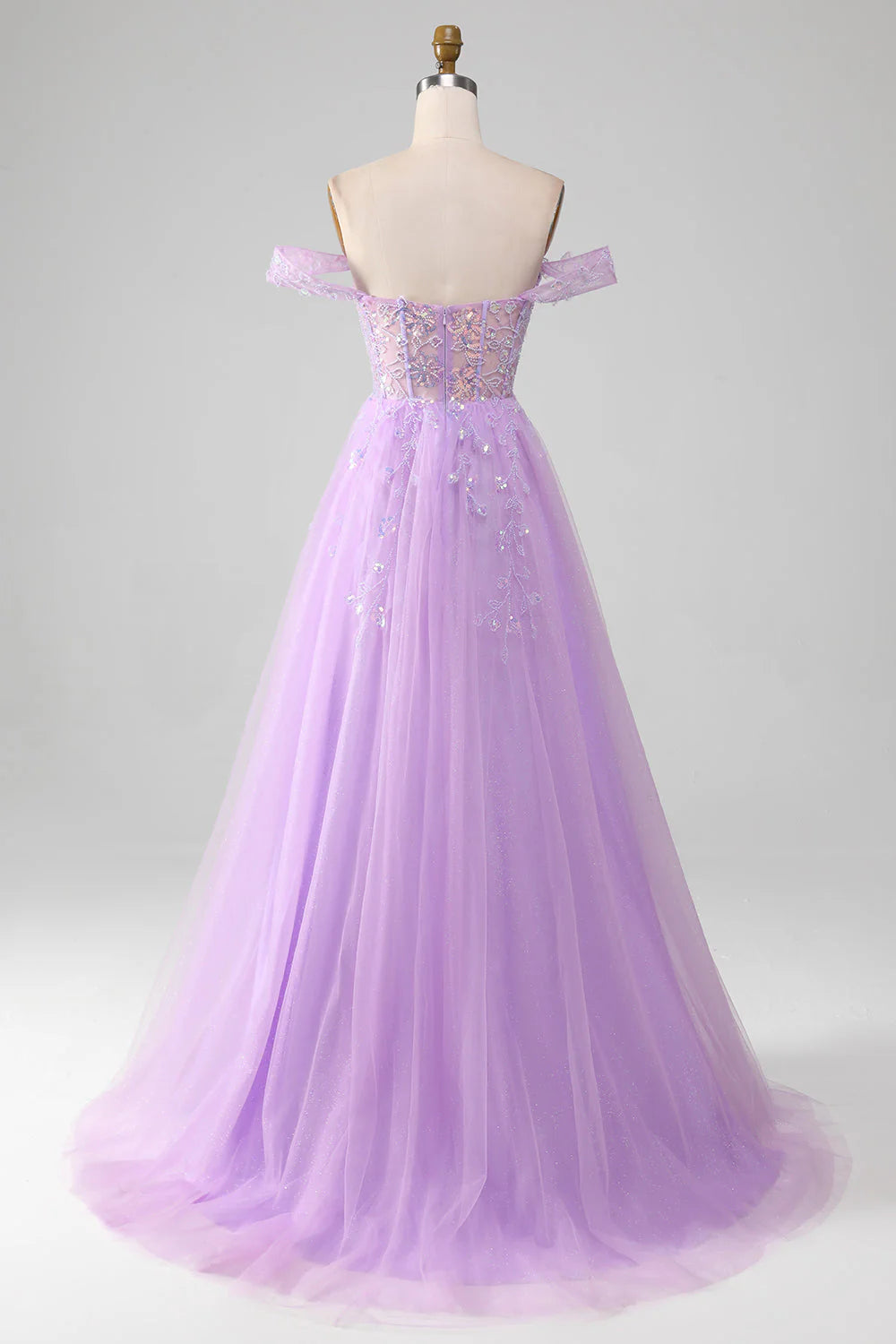 Amzcw Lavender A Line Off the Shoulder Sequin Tulle Prom Dress with Slit prom clothing