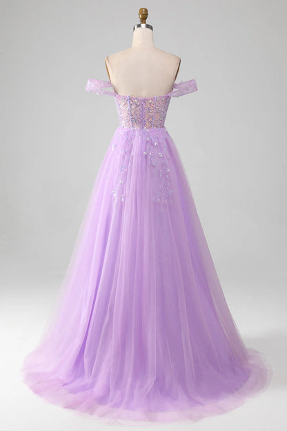 Amzcw Lavender A Line Off the Shoulder Sequin Tulle Prom Dress with Slit prom clothing