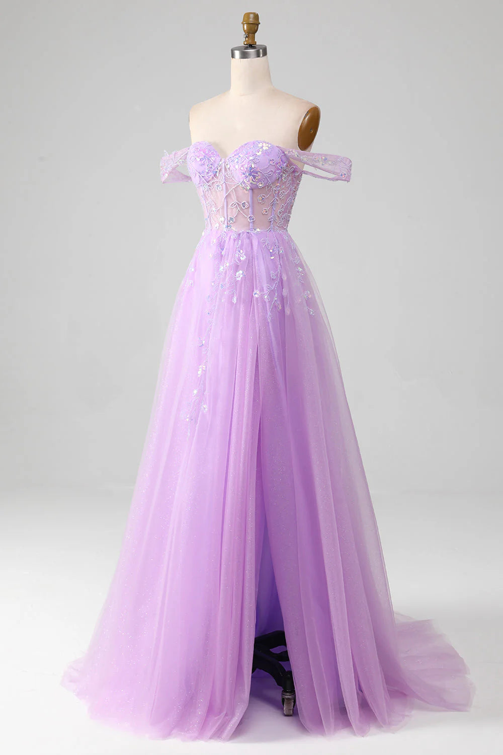 Amzcw Lavender A Line Off the Shoulder Sequin Tulle Prom Dress with Slit prom clothing