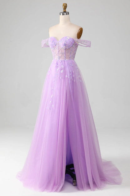 Amzcw Lavender A Line Off the Shoulder Sequin Tulle Prom Dress with Slit prom clothing