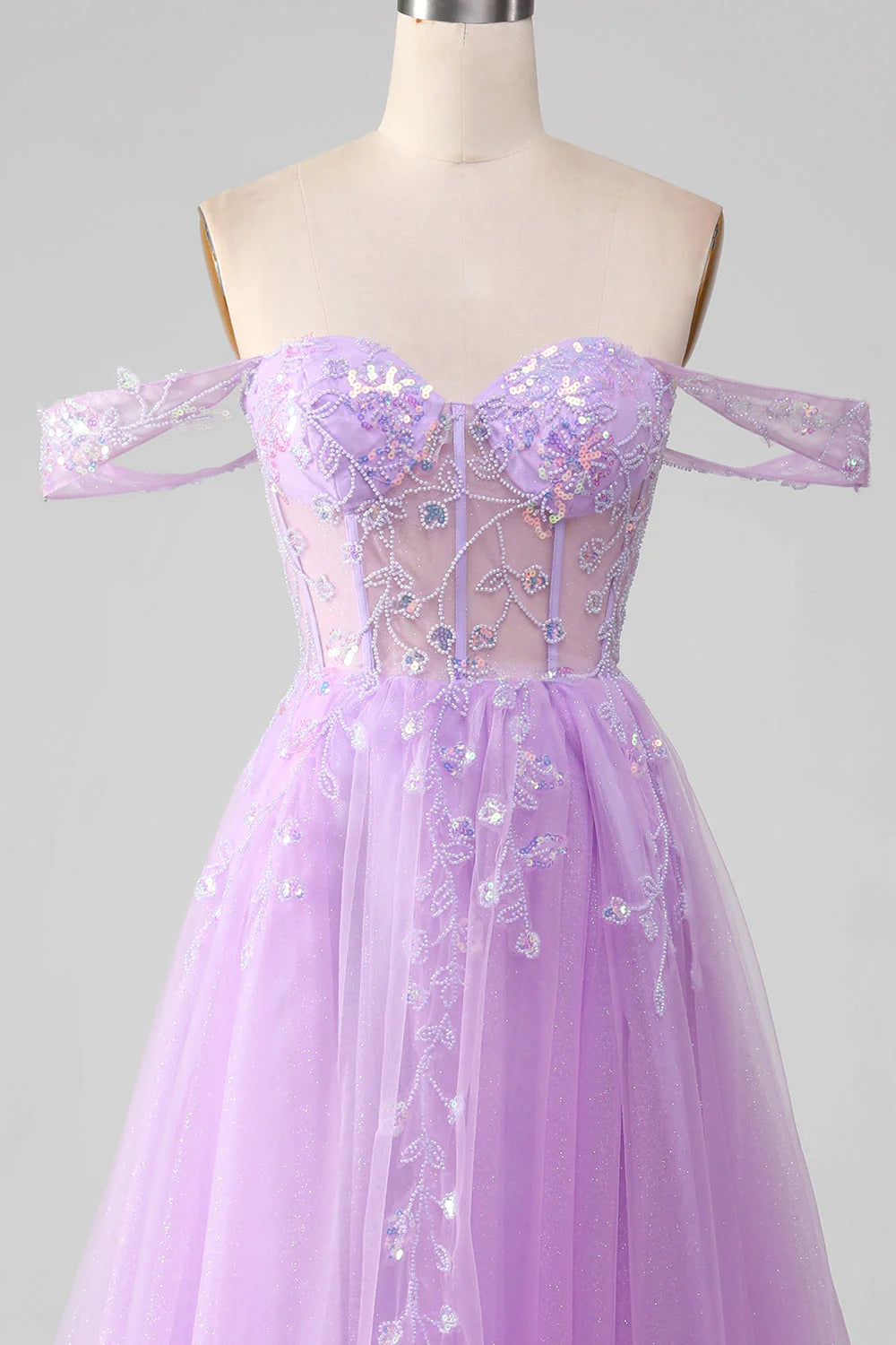 Amzcw Lavender A Line Off the Shoulder Sequin Tulle Prom Dress with Slit prom clothing
