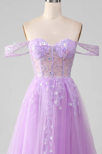 Amzcw Lavender A Line Off the Shoulder Sequin Tulle Prom Dress with Slit prom clothing