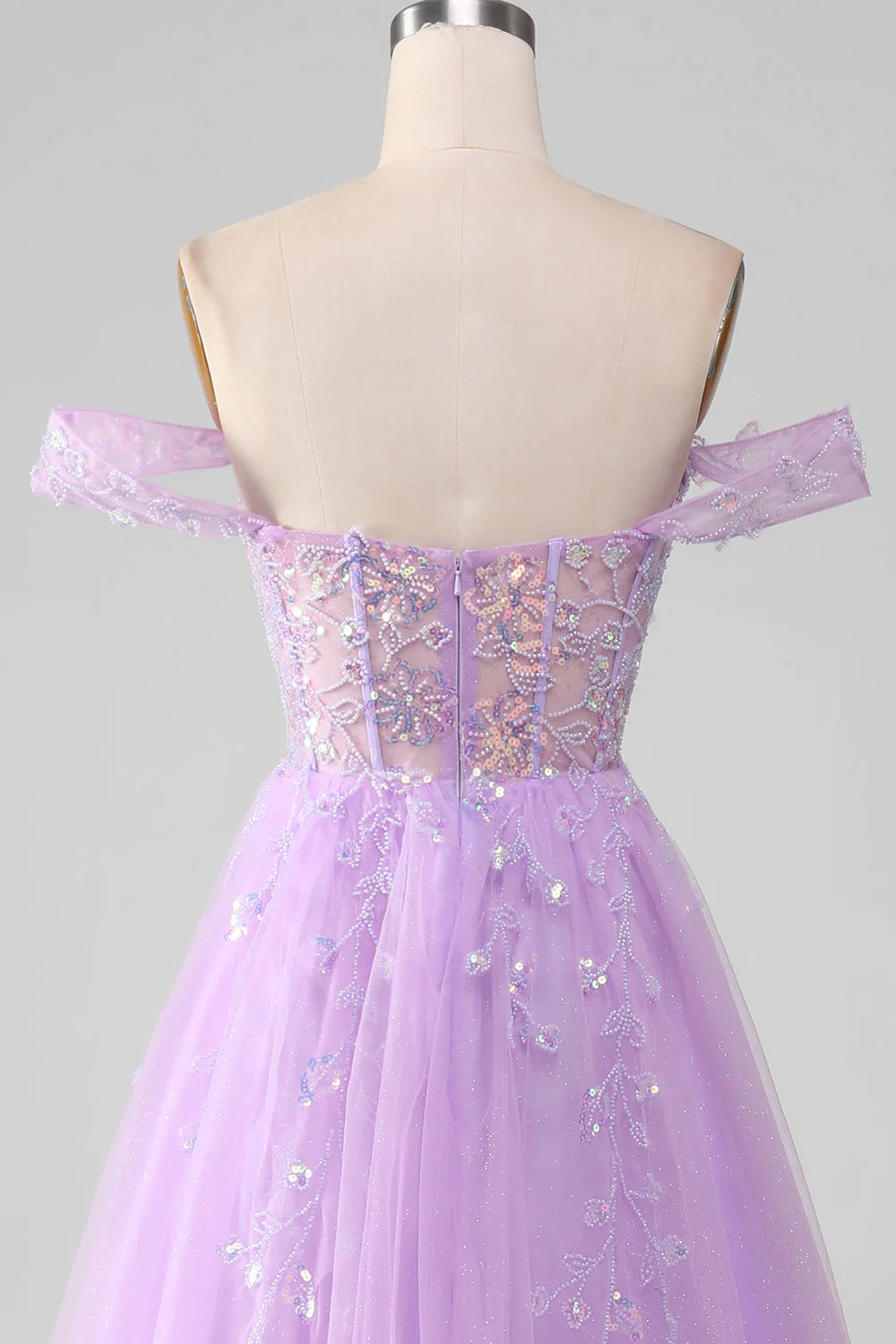 Amzcw Lavender A Line Off the Shoulder Sequin Tulle Prom Dress with Slit prom clothing