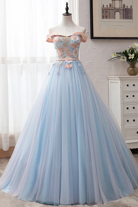 Fairy-Tale Floral-Embroidered Ballgown Off-the-Shoulder Sleeveless Lace-Up-Back Floor-Length Prom Gown