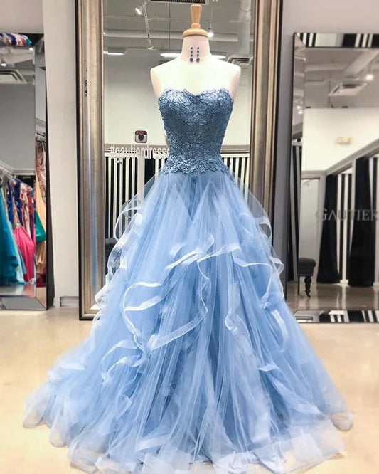 Fairy-Tale Lace Ballgown Sweetheart Strapless Sleeveless Lace-Up-Back Floor-Length Prom Gown