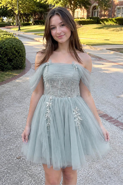 Fairytale A-Line Off-Shoulder Beaded Tulle Sky Blue Short Homecoming Dress