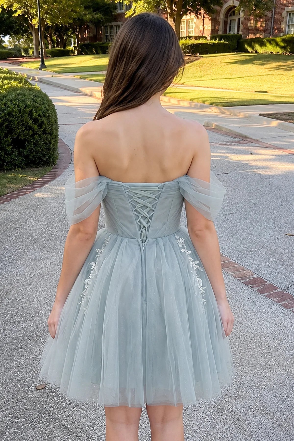 Fairytale A-Line Off-Shoulder Beaded Tulle Sky Blue Short Homecoming Dress