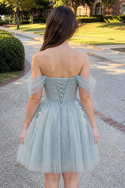 Fairytale A-Line Off-Shoulder Beaded Tulle Sky Blue Short Homecoming Dress