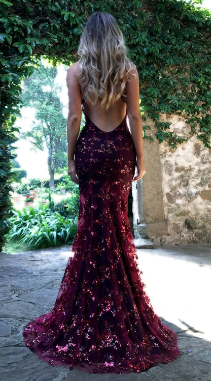 Vestidos de fiesta de moda con tirantes finos, lentejuelas burdeos, sirena, espalda descubierta, escote en V profundo