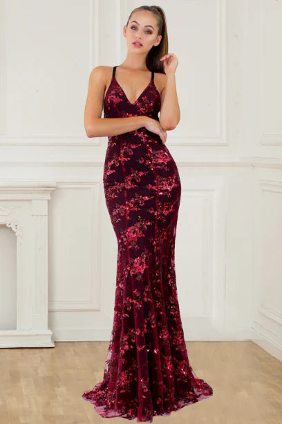 Vestidos de fiesta de moda con tirantes finos, lentejuelas burdeos, sirena, espalda descubierta, escote en V profundo