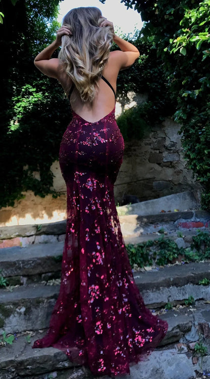 Vestidos de fiesta de moda con tirantes finos, lentejuelas burdeos, sirena, espalda descubierta, escote en V profundo