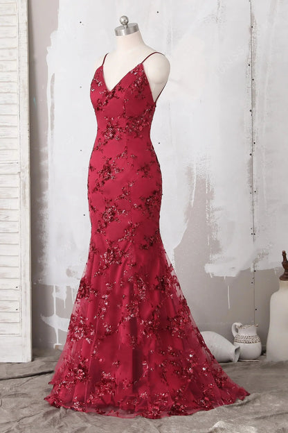 Vestidos de fiesta de moda con tirantes finos, lentejuelas burdeos, sirena, espalda descubierta, escote en V profundo