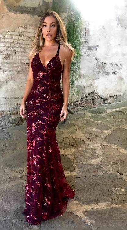 Vestidos de fiesta de moda con tirantes finos, lentejuelas burdeos, sirena, espalda descubierta, escote en V profundo