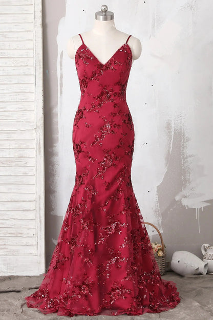 Vestidos de fiesta de moda con tirantes finos, lentejuelas burdeos, sirena, espalda descubierta, escote en V profundo