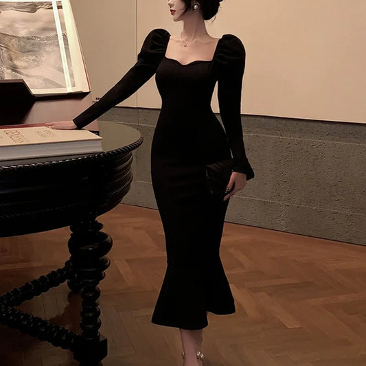 Fitted Puff-Sleeve Square-Neck Mermaid Mid-Length Prom Dress