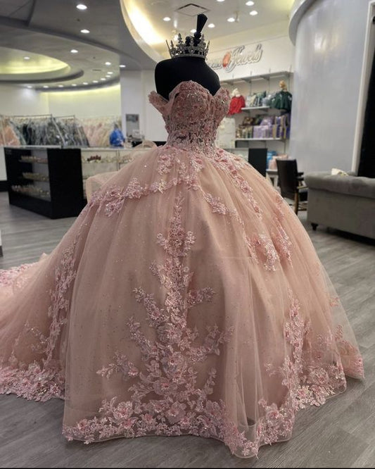 Floral-Embroidered Off-Shoulder Crisscross-Back Tulle Ballgown Prom Dress