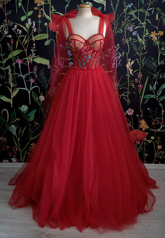 Floral-Embroidered Tulle Corset Sweetheart Ballgown Prom Dress