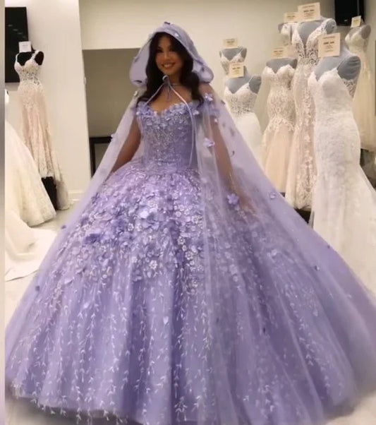Floral-Embroidered Tulle Sweetheart Hooded Cape Ballgown Prom Dress